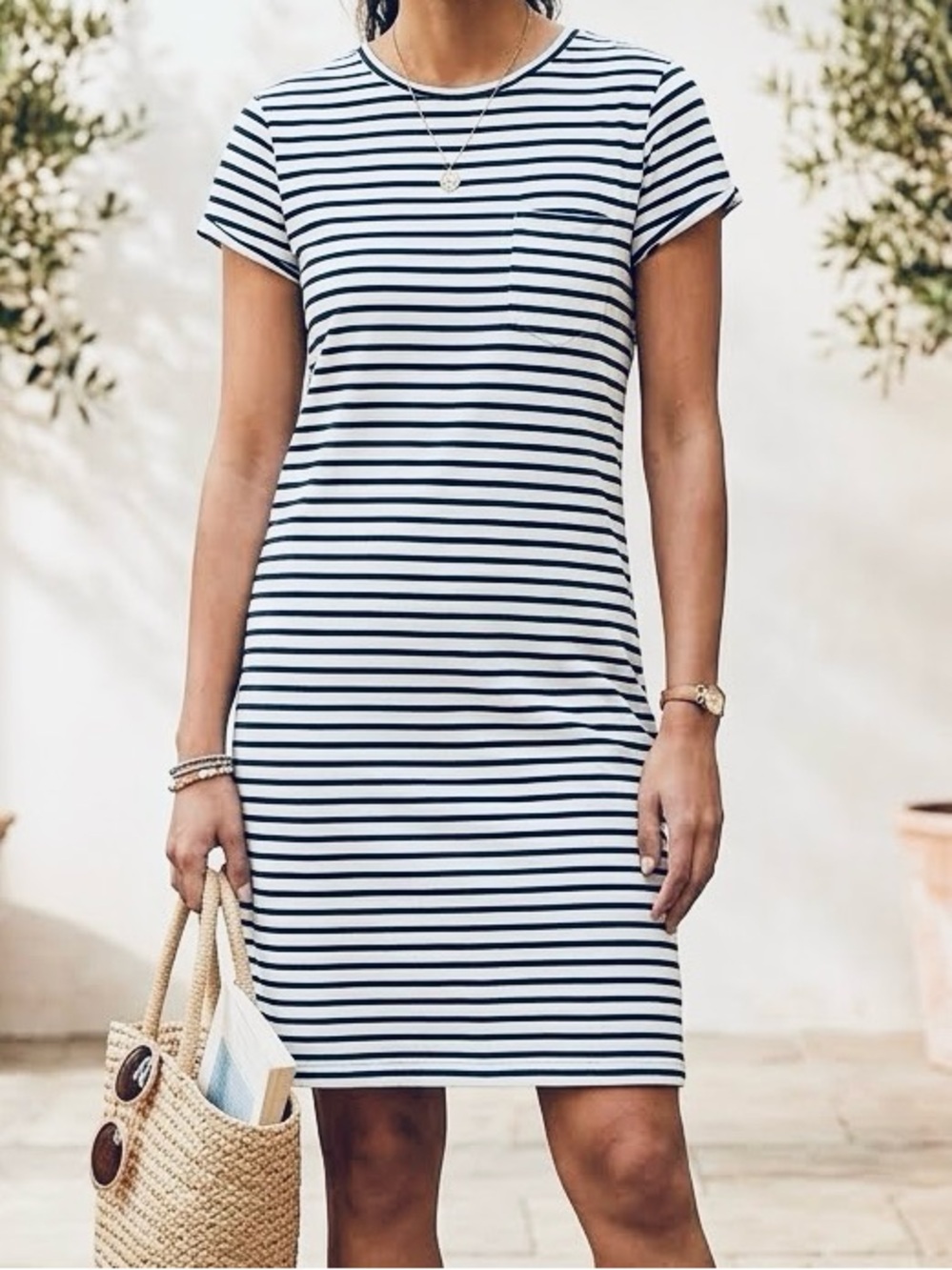 GAP Dress White Black Striped Cap Sleeve Jersey pocket XL
